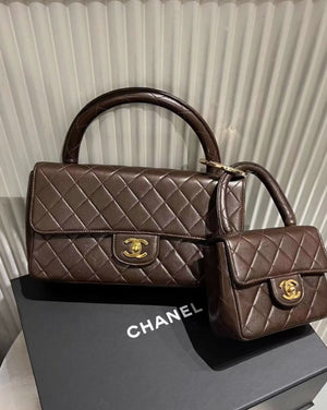 Vintage Chanel Kelly Mother and Daughter Flap Bag Set Brown Lambskin Gold Hardware