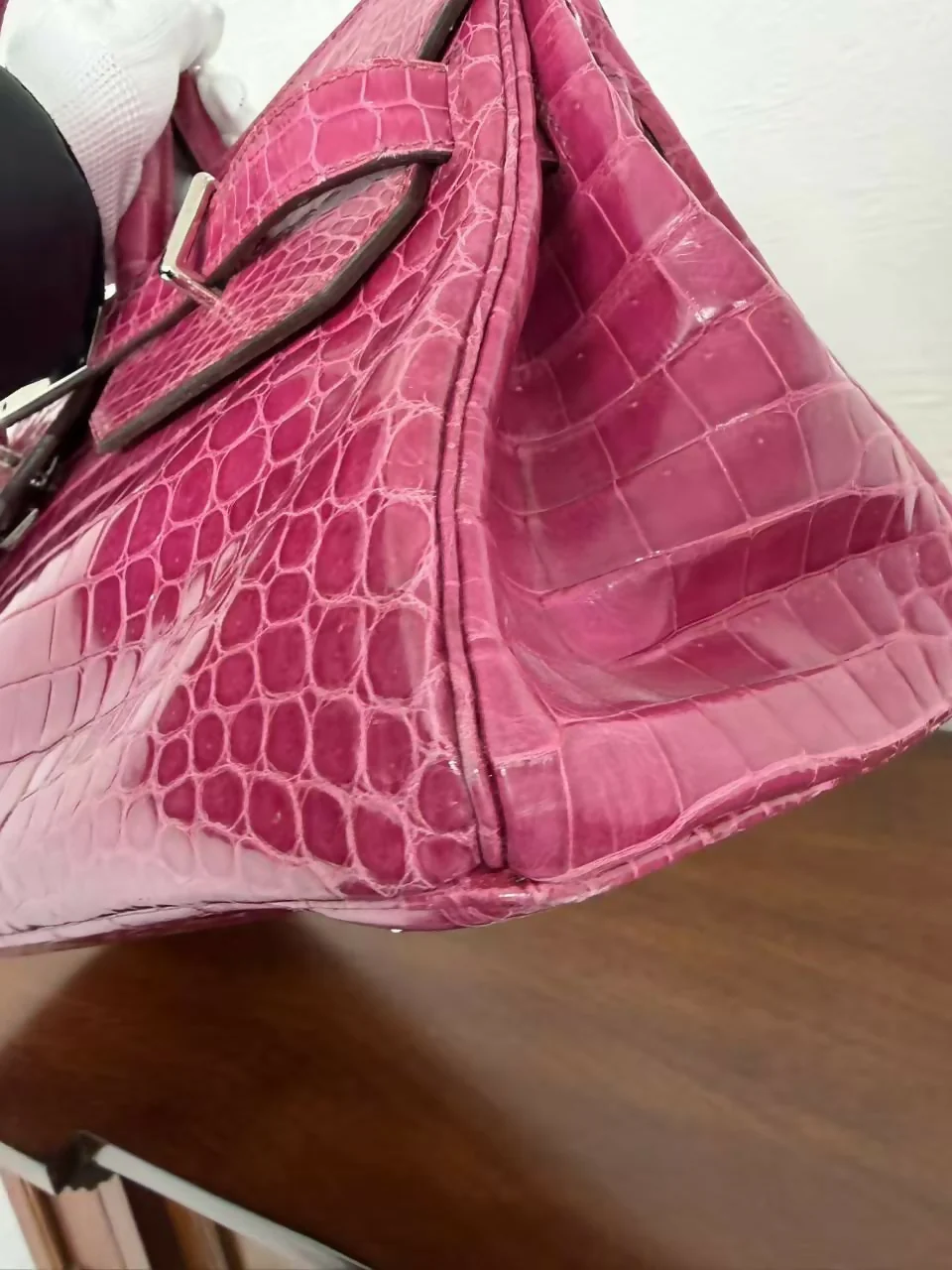 Hermes Birkin shoulder Pink shiny crocodile leather palladium harwdare