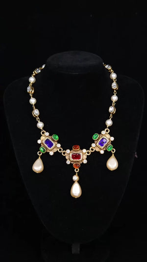 Chanel Red and Green Glass Pearl Pendant Necklace