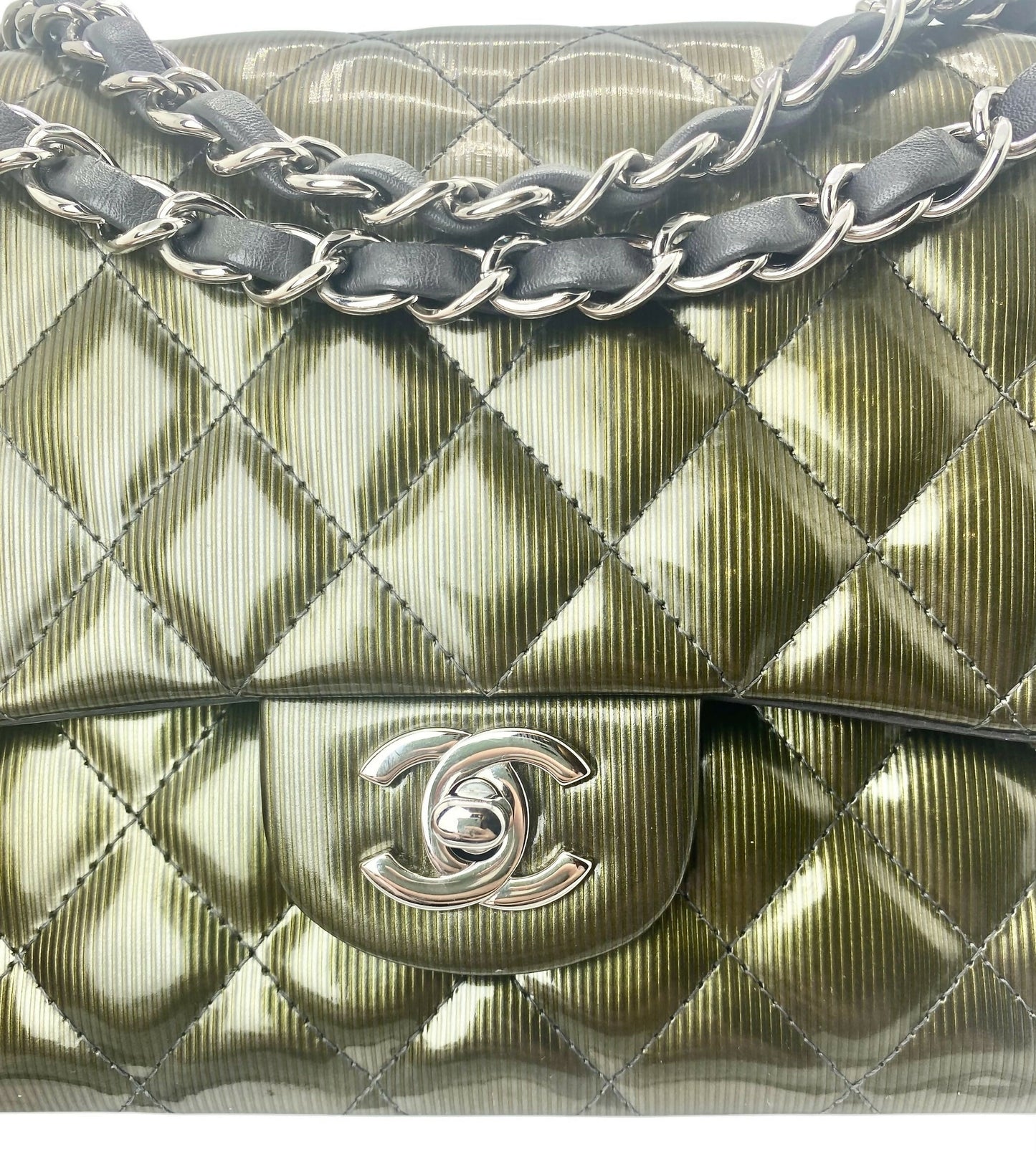 Chanel Medium Double Flap Green Straited Patent Leather Timeless Classic Bag SHW