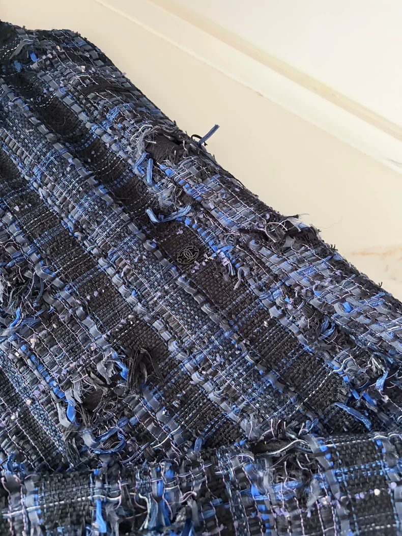 Chanel 2018 blue and black tweed fringed dress