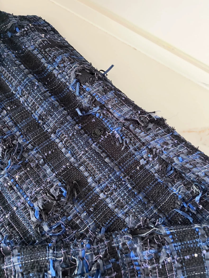 Chanel 2018 blue and black tweed fringed dress