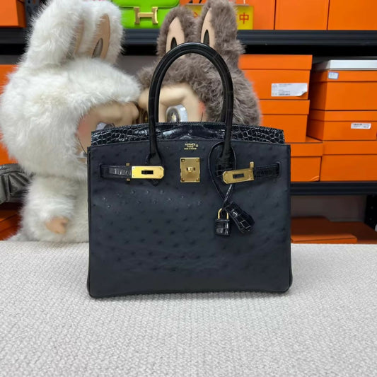 Hermès Birkin 30 – Black  Gold Ostrich and Shiny Crocodile