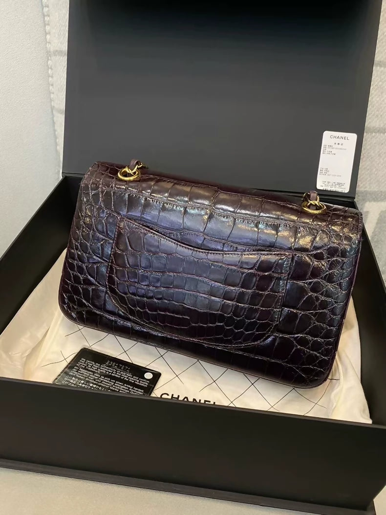 Chanel purplish-brown shiny Alligator leather with gold hardware CF medium size flap bag