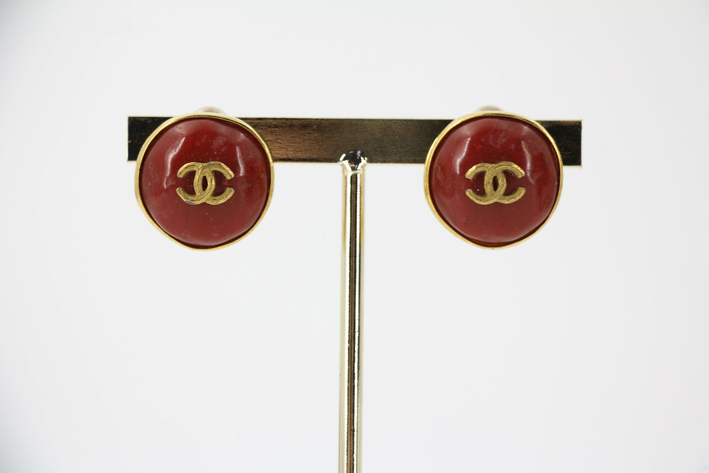 Chanel Vintage 98P Imitation Beeswax Red  Gold-Tone CC Clip-On Earrings
