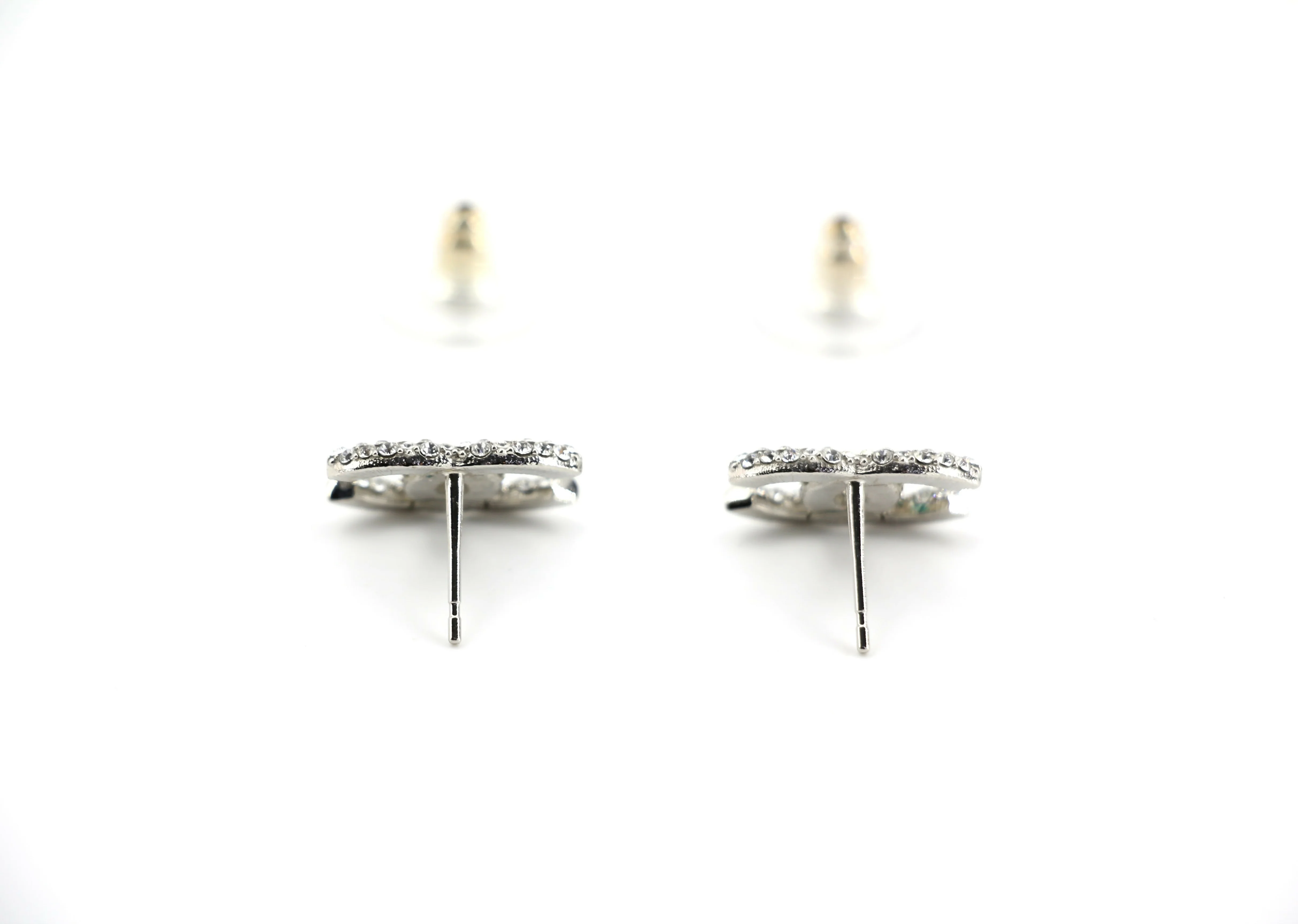 Chanel B18S Rhinestone Classic Silver CC Stud Earrings