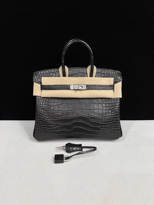 Hermes Birkin 25 black matte crocodile leather brushed palladium hardware