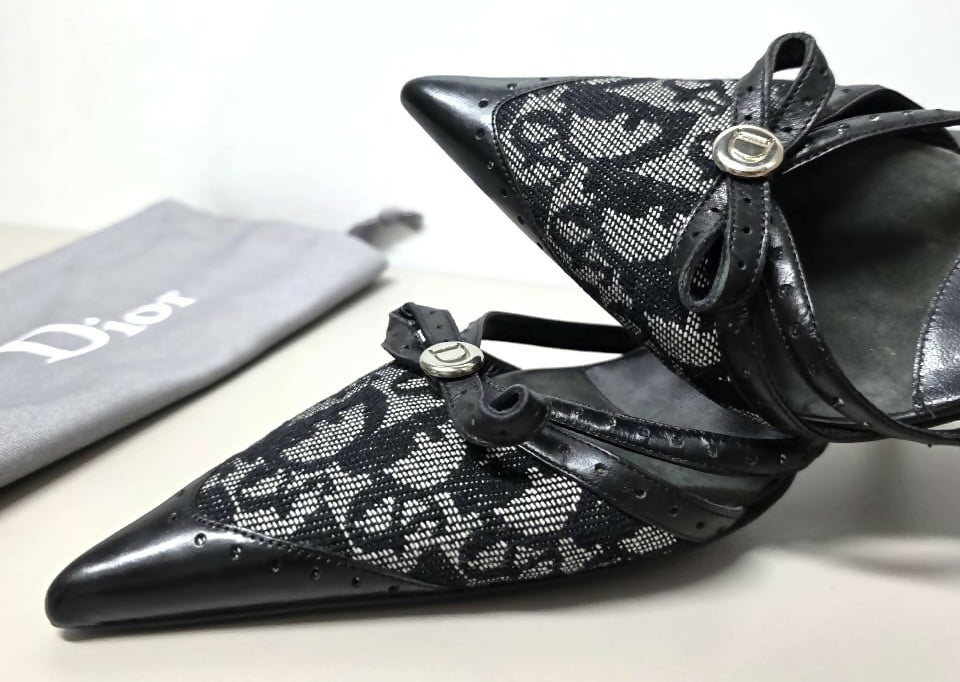 VINTAGE Y2K DIOR TROTTER MONOGRAM BOW POINTED MULE KITTEN HEELS IT 37.5 US 7.5
