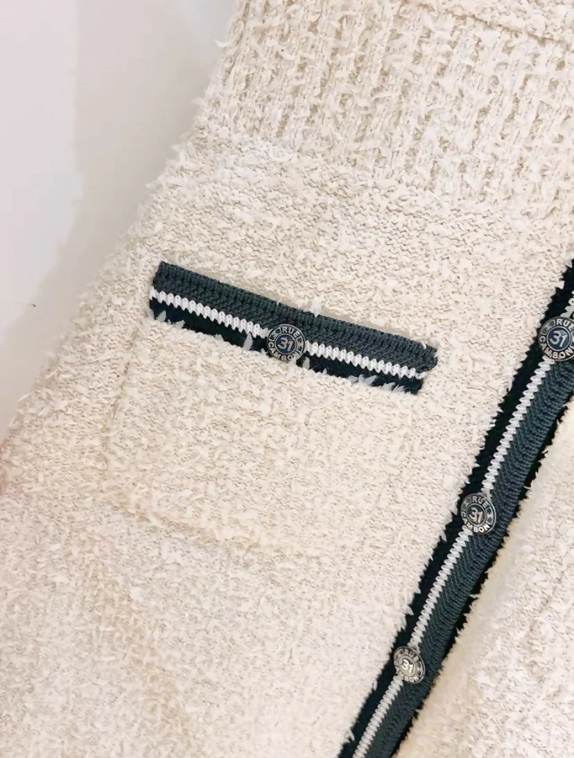 Chanel 19P Sand by the Sea Fantasy Tweed Ivory Navy Short Sleeve Dress FR 36