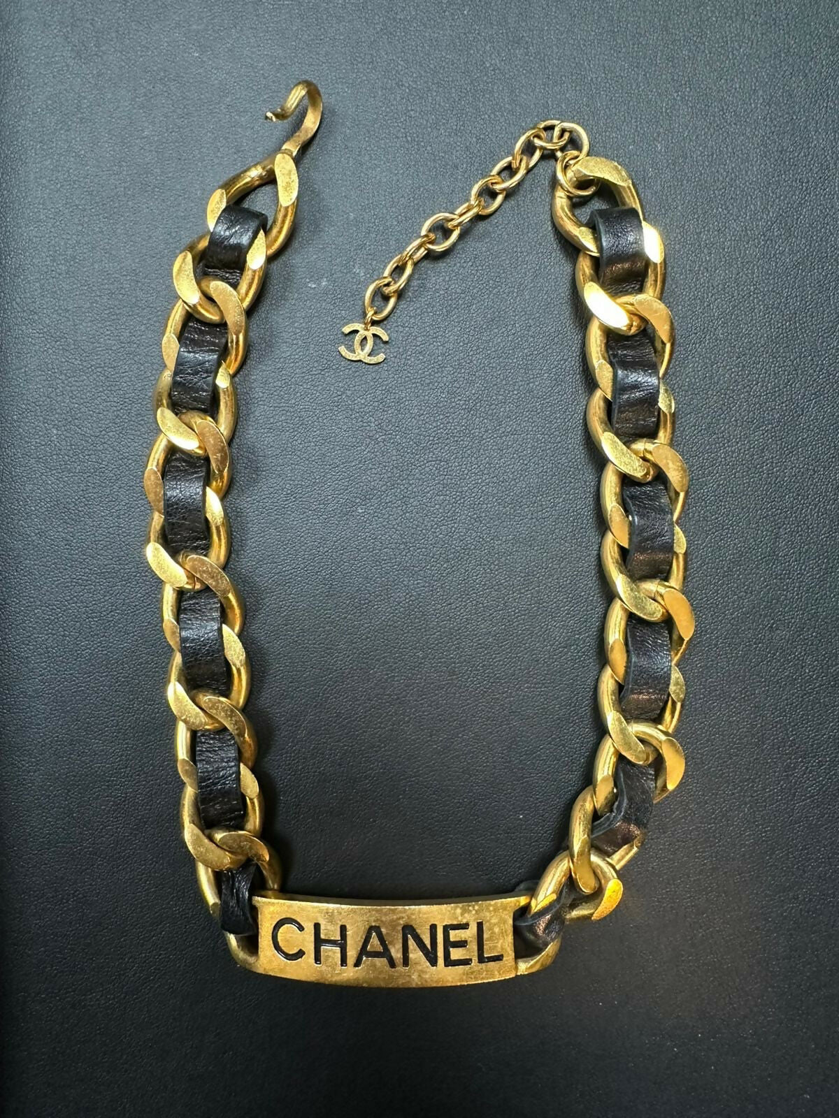Chanel Vintage 95 Gold Plated  Leather CHANEL Motif Choker Necklace