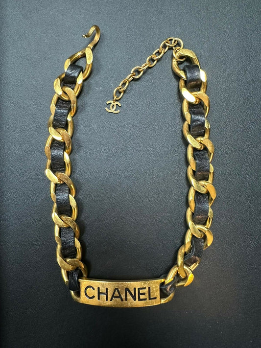 Chanel Vintage 95 Gold Plated  Leather CHANEL Motif Choker Necklace
