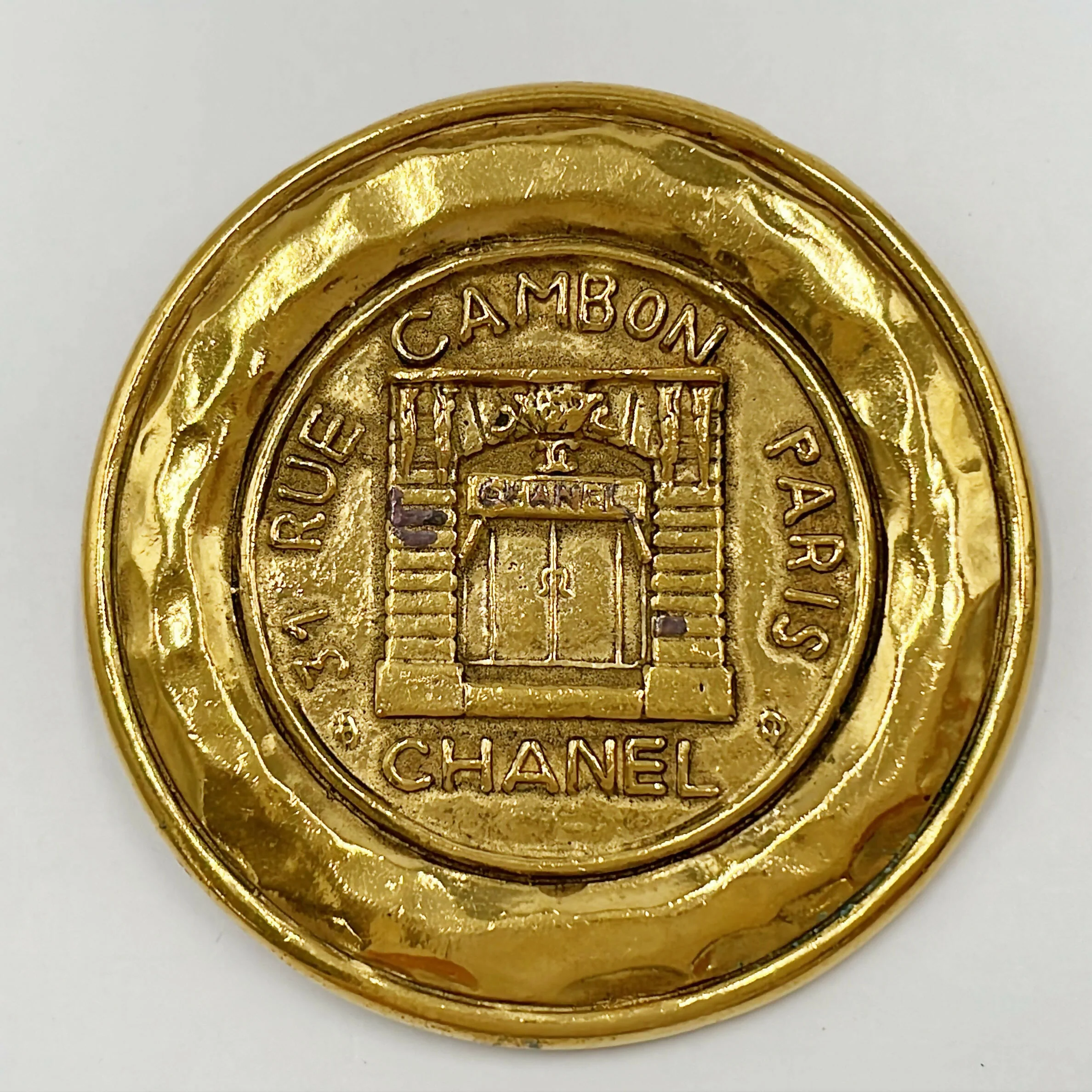 Chanel Vintage Gold Plated 31 Rue Cambon Medallion Booch