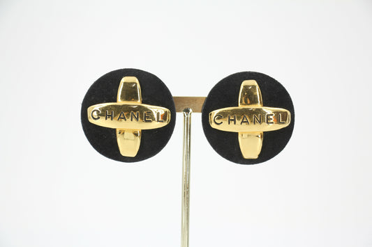 Chanel Vintage 91-92 Velvet Gold Plated Cross Large Round Black Earrings