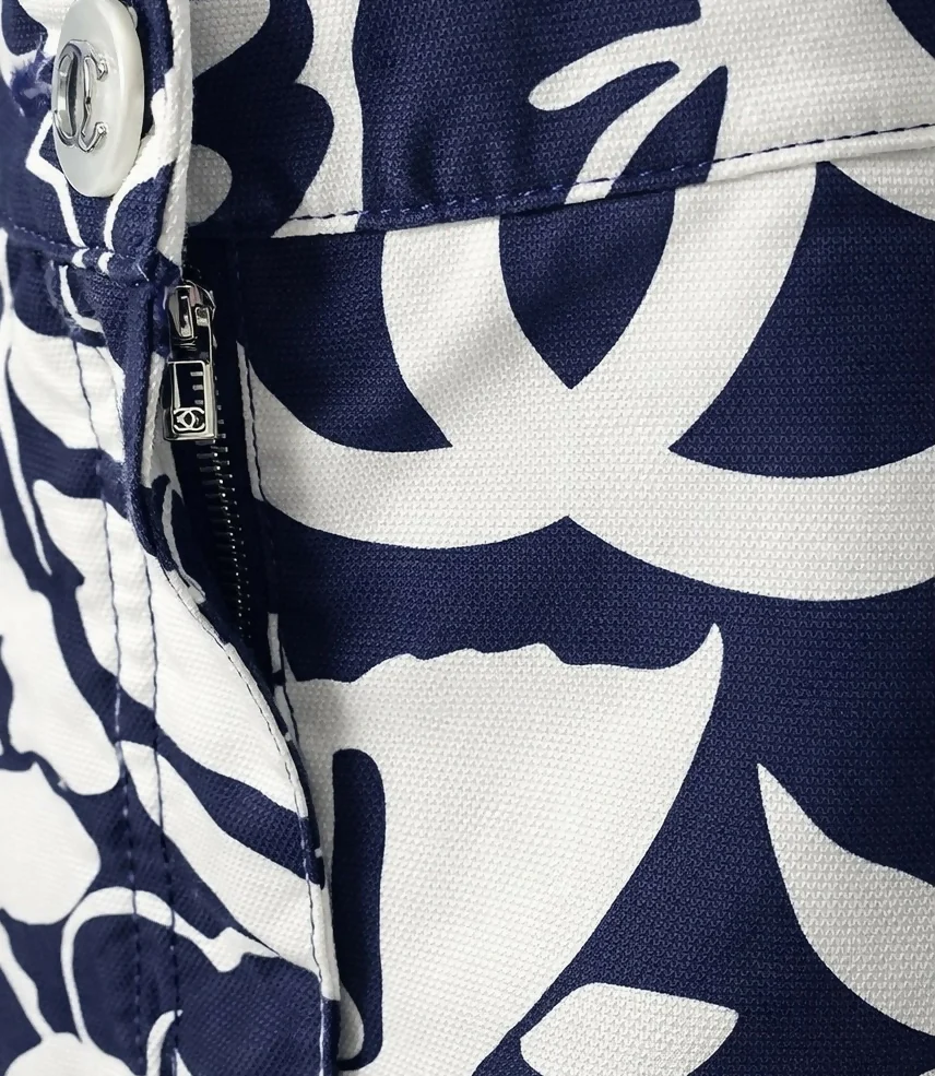 Chanel 2021 Coco Beach Dark Navy Blue White Mini Cotton Shorts FR 38