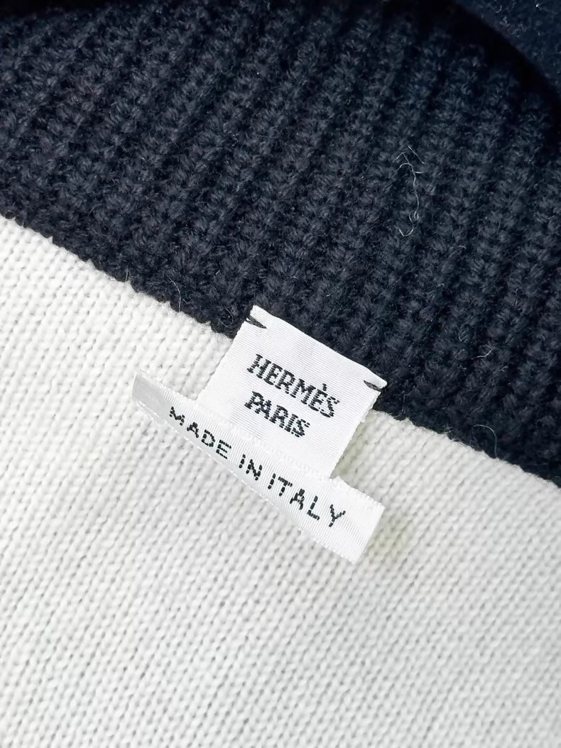 Hermes black and white cashmere knit cardigan/robe jacket with belt