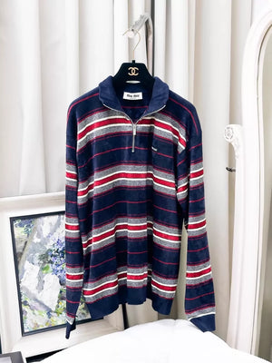 Miumiu Spring/Summer 2026 Blue Velvet Striped Zippered Neck Terry Fabric Polo Shirt top