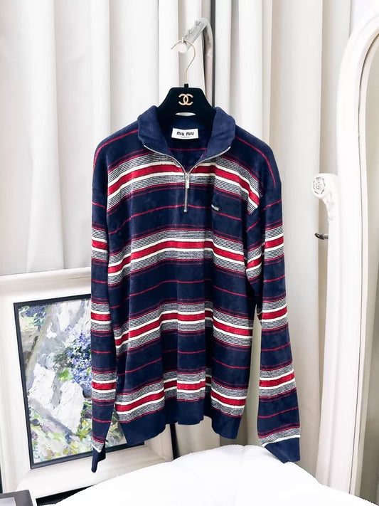Miumiu Spring/Summer 2026 Blue Velvet Striped Zippered Neck Terry Fabric Polo Shirt top
