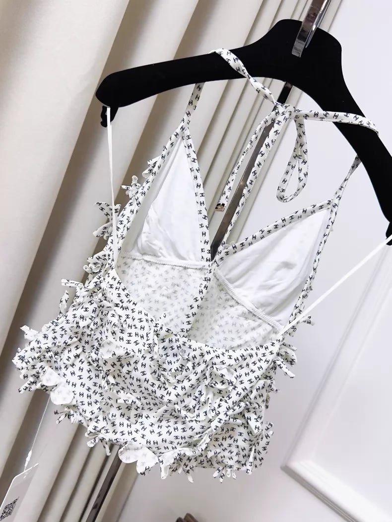 Chanel White Camisole with All-over Black Logo Print and 3D Floral Design