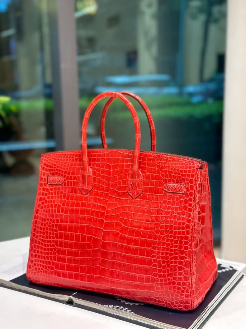 Hermes Birkin 35 red shiny crocodile palladium hardware