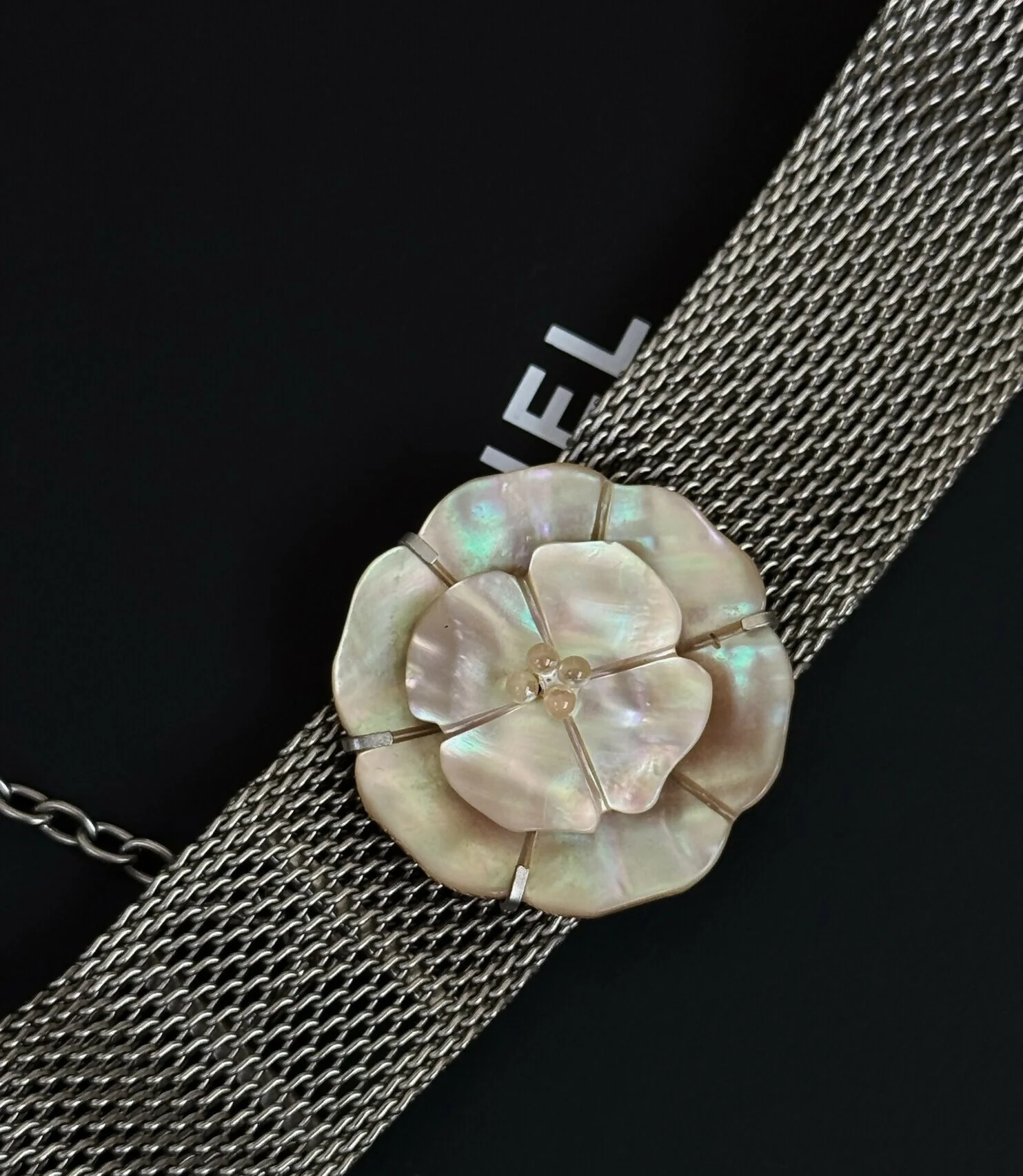 Chanel Vintage 98A Silver Plated Metal Mesh Mother-of-pearl Camellia Flower Choker