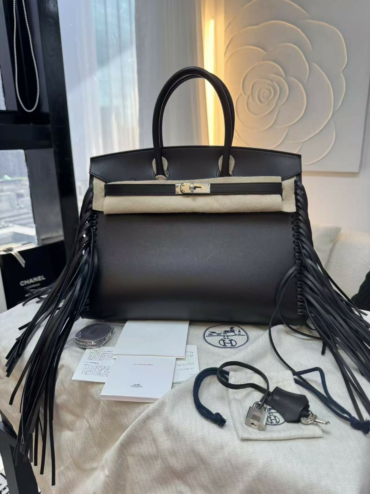 Hermès Birkin 35 Black Evergrain Leather Handbag with Silver Hardware and Fringe