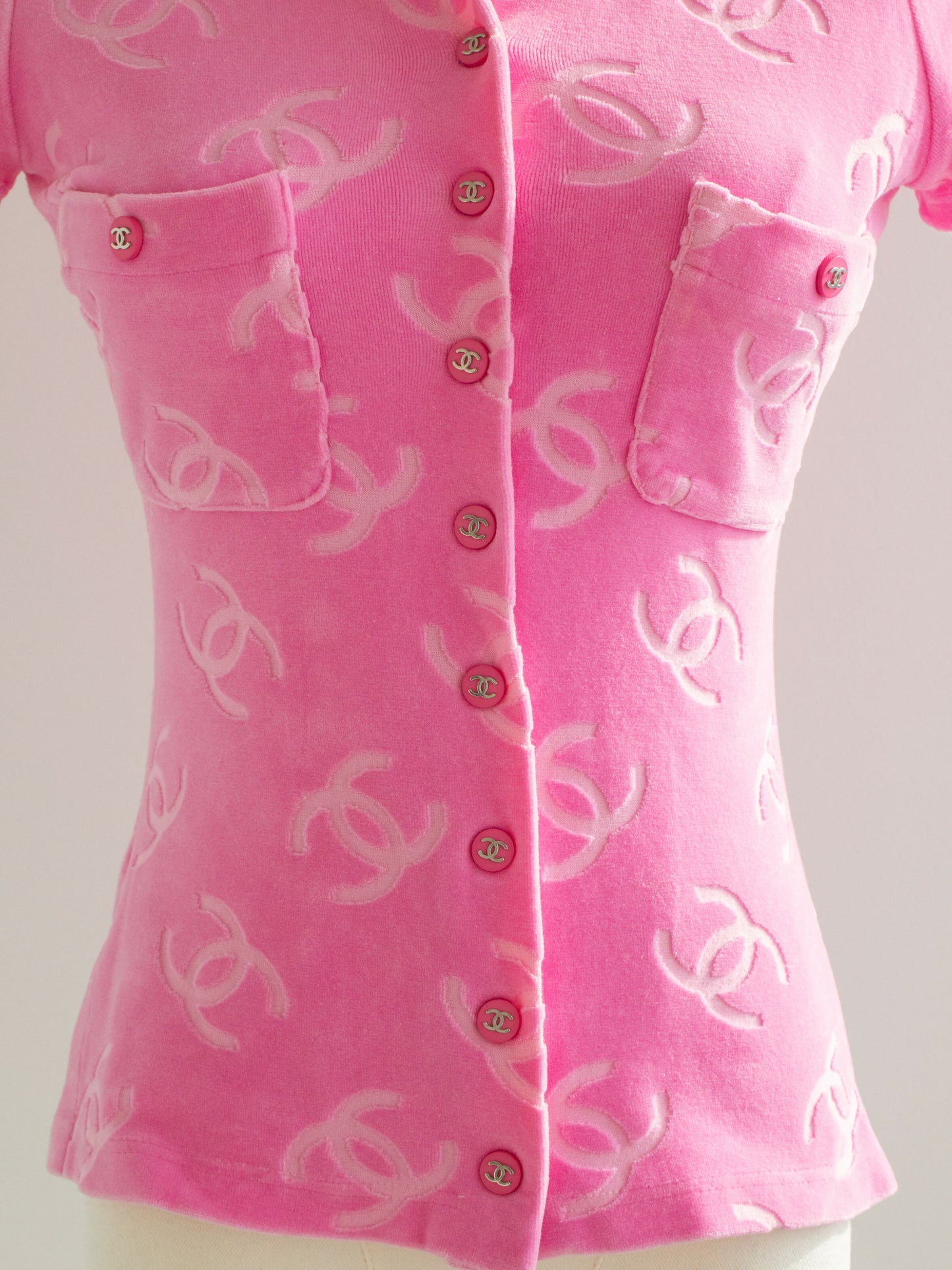 chanel vintage spring 1996 pink velour logo 96p top 4