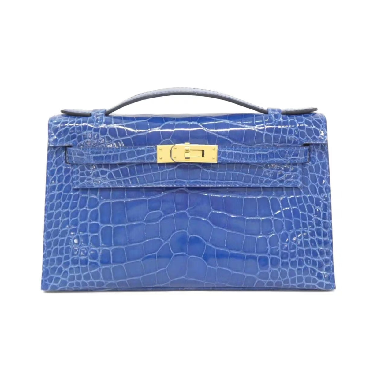 Hermes Kelly Pochette Blue Izmir shiny crocodile leather gold hardware