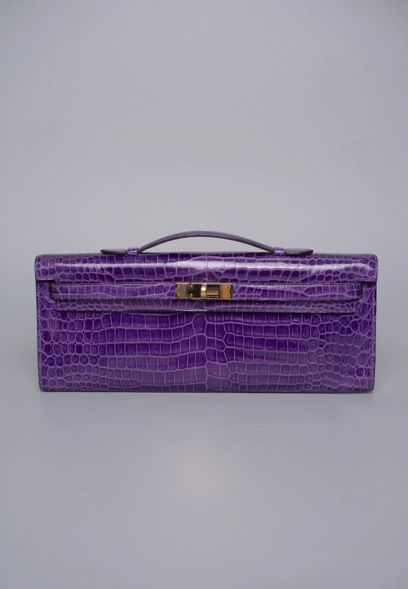 Hermes Kelly Cut in Ultraviolet Shiny Porosus crocodile leather Gold hardware