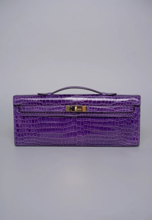 Hermes Kelly Cut in Ultraviolet Shiny Porosus crocodile leather Gold hardware