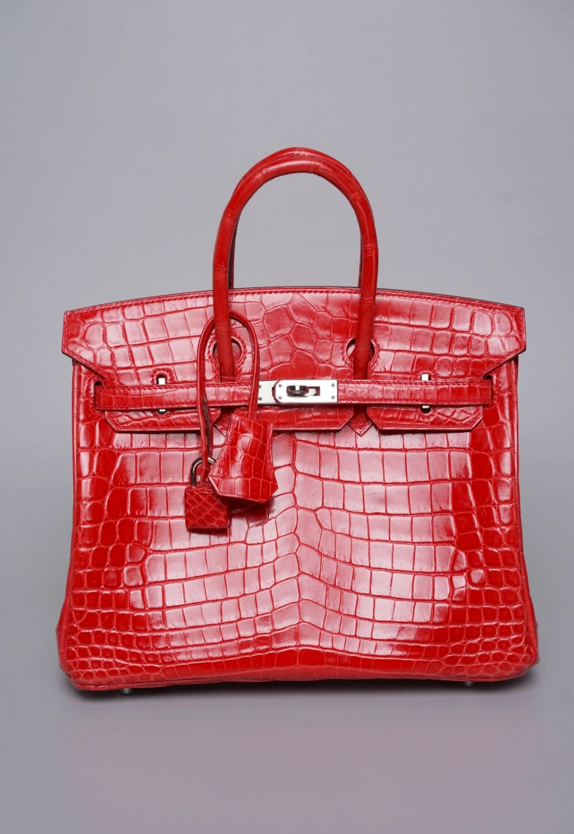 Hermes Birkin 25 Red Bougainville Shiny Nilo crocodile leather Palladium hardware