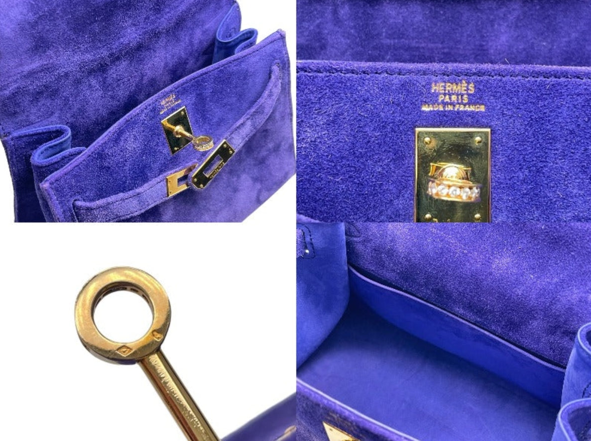 Rare Vintage Hermes kelly 20 Purple Doblis Suede leather gold diamond hardware