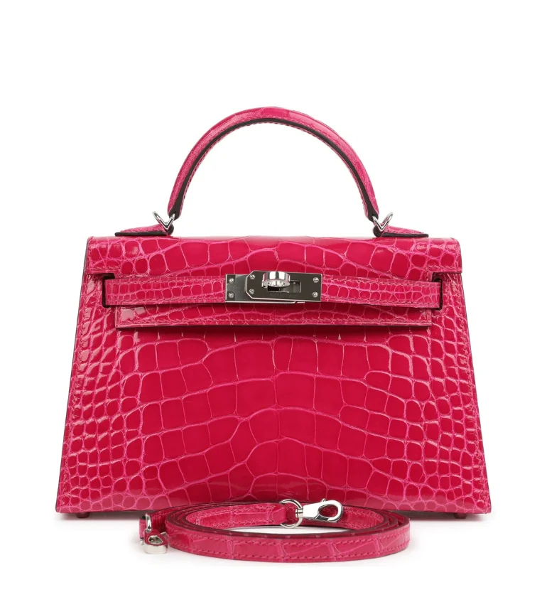 Hermes Kelly Mini Rose Mexico Shiny Alligator Palladium hardware