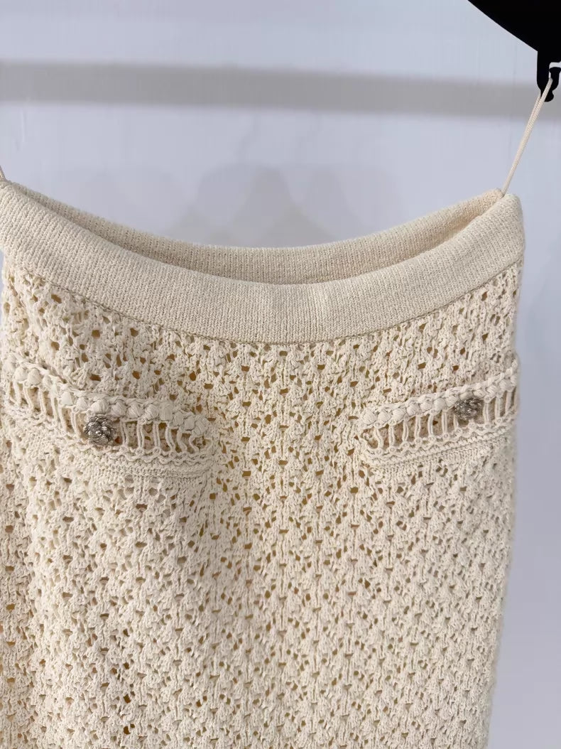 Chanel off-white openwork knit midi skirt