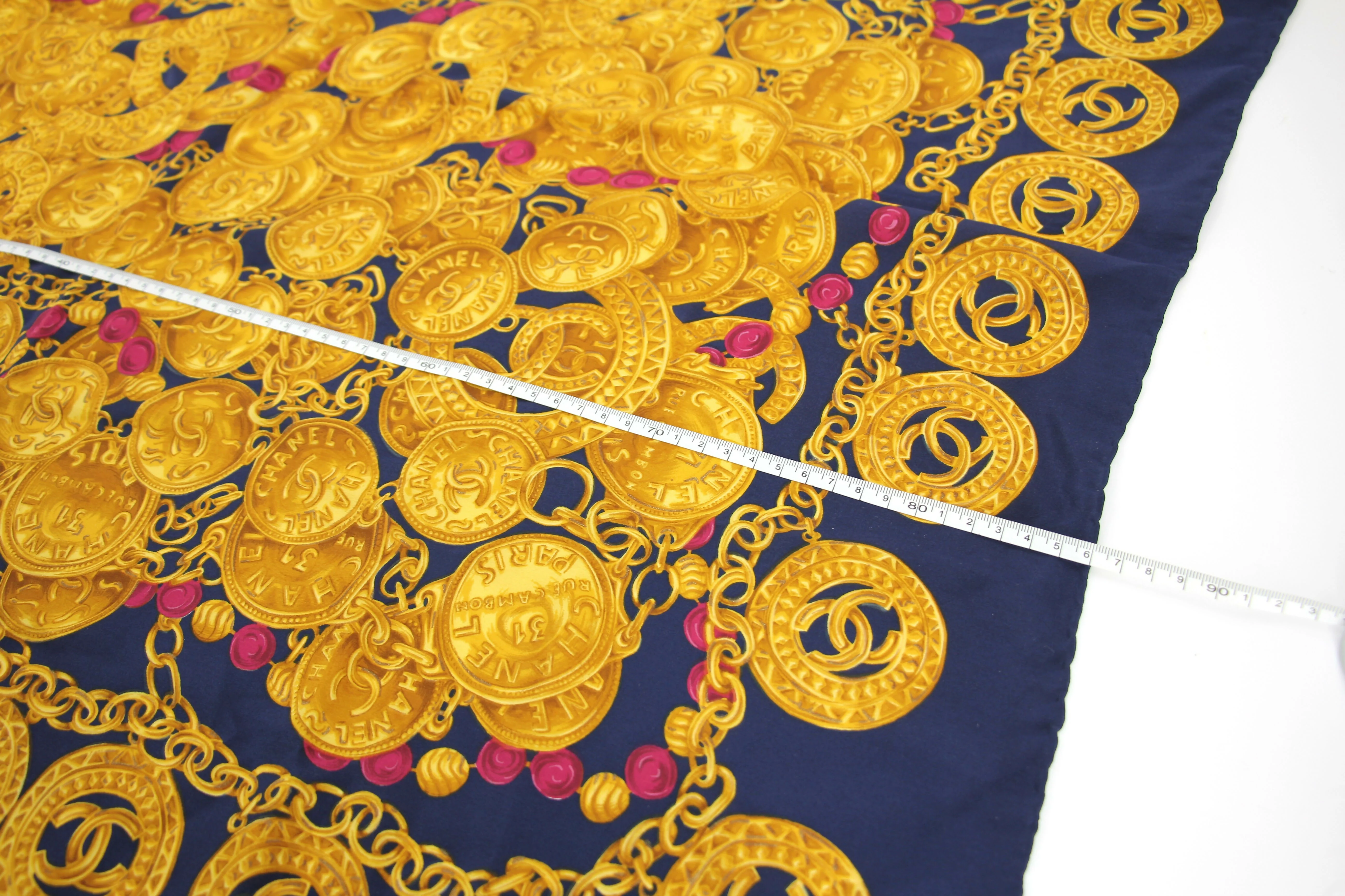 Chanel 100% Silk Navy Blue Chain and Gold Coin Pattern Scarf
