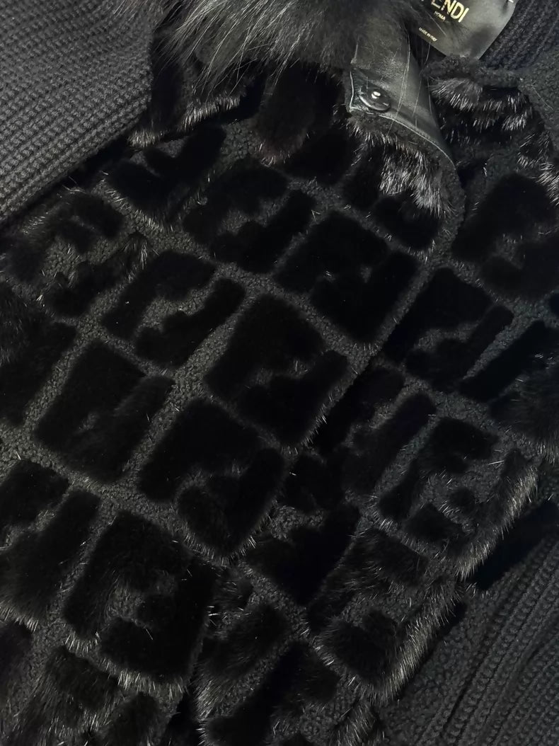 Fendi black fur hooded long winter coat