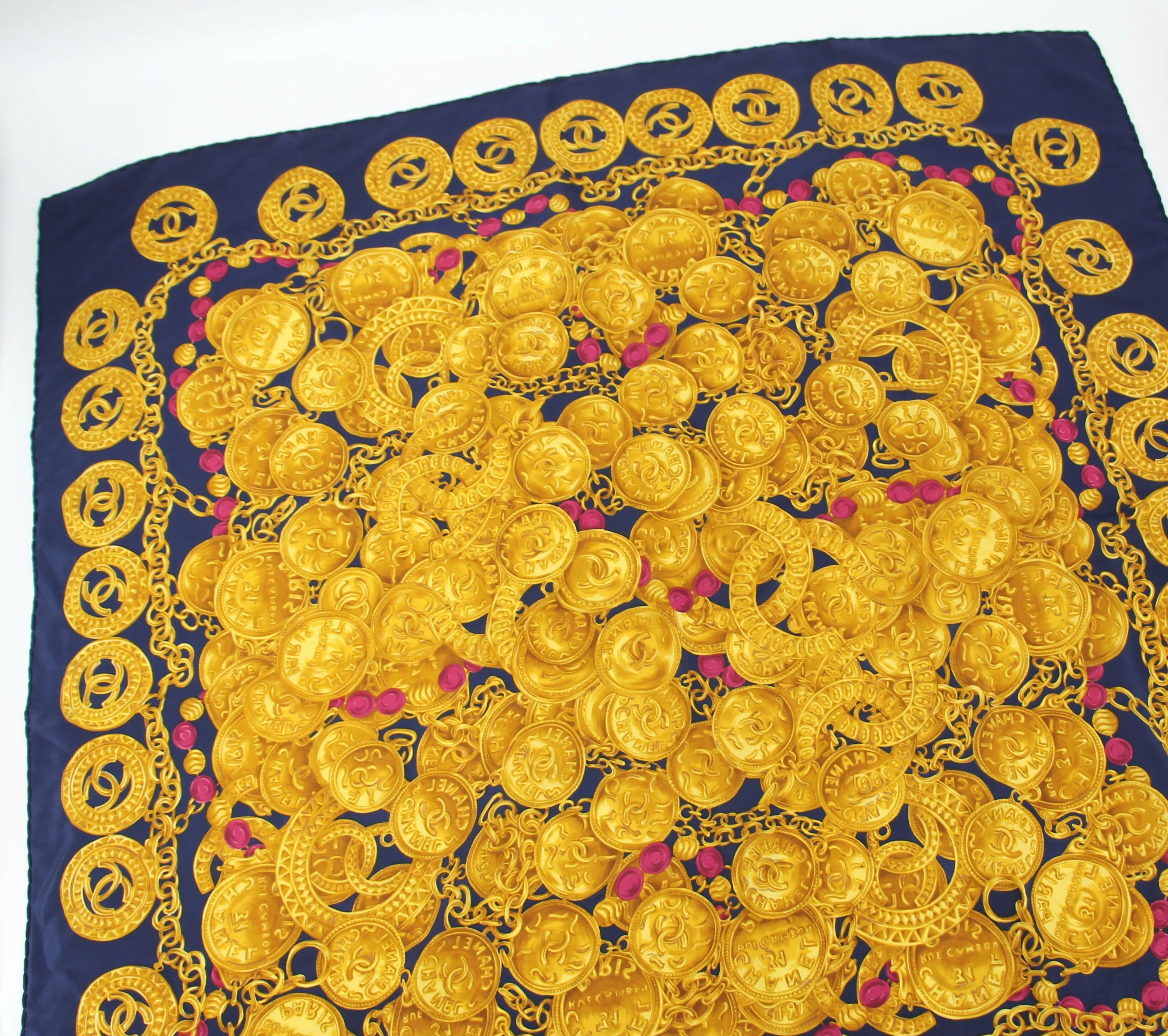 Chanel 100% Silk Navy Blue Chain and Gold Coin Pattern Scarf