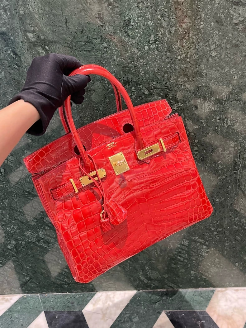 Hermes Birkin 30 D5 Geranium red shiny crocodile leather gold hardware