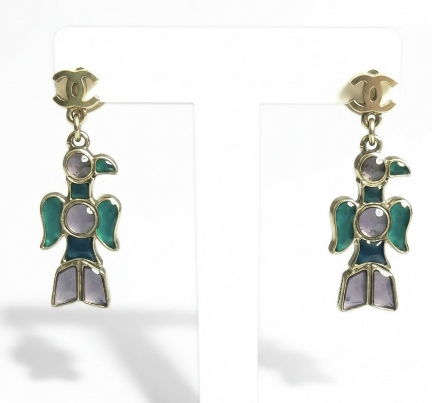 Rare Chanel 07A CC Aztec Bird Multicolor Gripoix Stone Drop Earrings