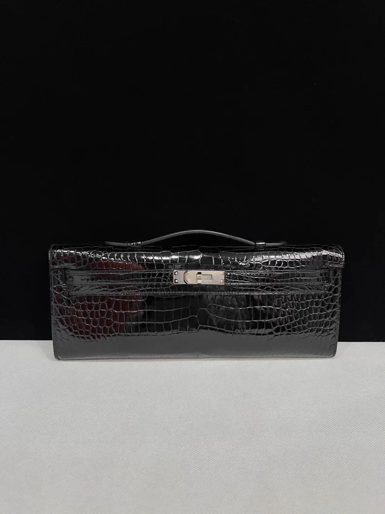 Hermes Kelly Cut Black shiny Crocodile Leather with palladium hardware