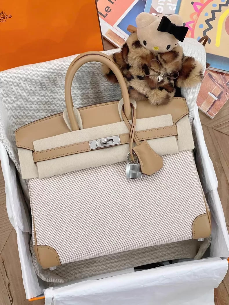 Hermès Birkin 25 biscuit 4B Swift leather and canvas palladium hardware