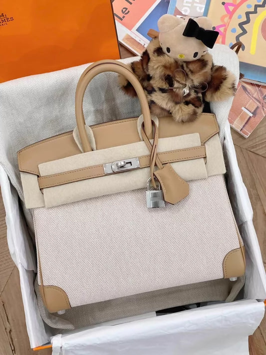 Hermès Birkin 25 biscuit 4B Swift leather and canvas palladium hardware