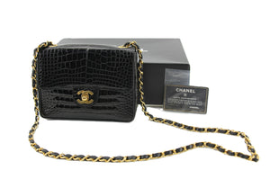 Chanel Vintage 89-91 Black Alligator Mini Square Gold Hardware Classic Flap Bag