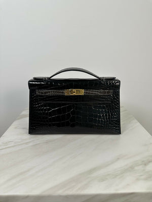 Hermès Kelly Pochette HSS Black / Graphite Shiny Alligator GHW W 2025