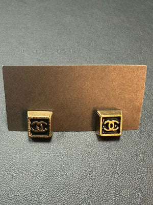 Chanel Vintage 03P Metal Square Black Stud Earrings