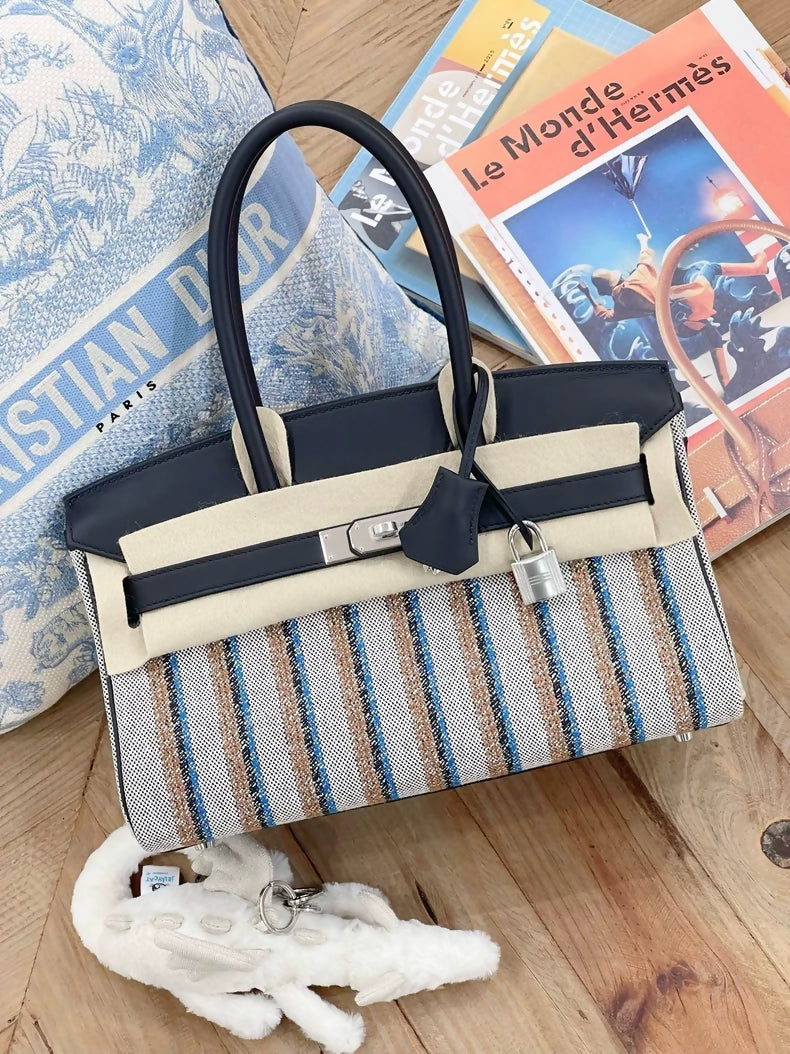 Hermès Birkin Shoulder Light 29 in Black Evercolor and Embroidered Toile Palladium Hardware