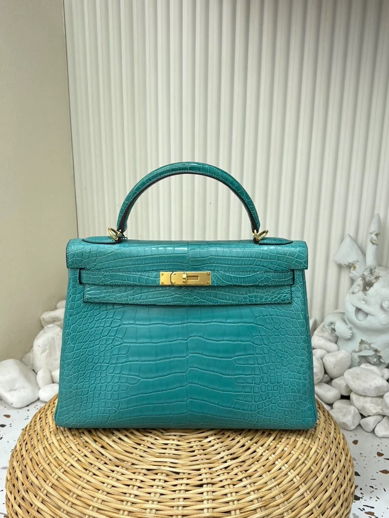 Hermes Kelly 32 Blue Peon Matte Alligator leather Gold hardware