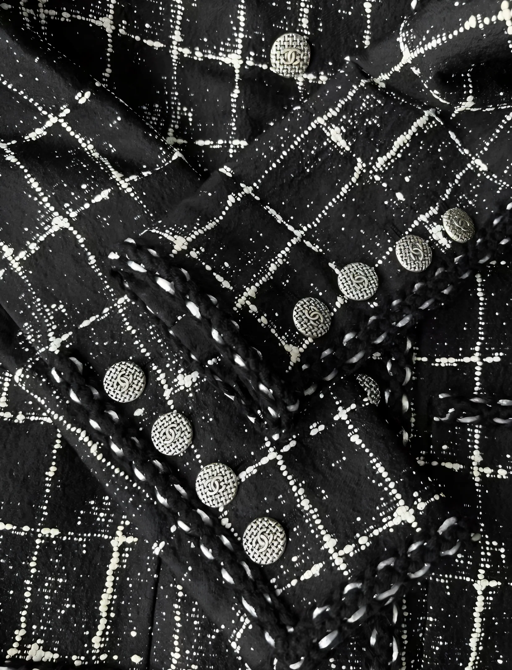 Chanel 14P Black Grid Tweed Braided Trim Double Breasted Jacket FR 36