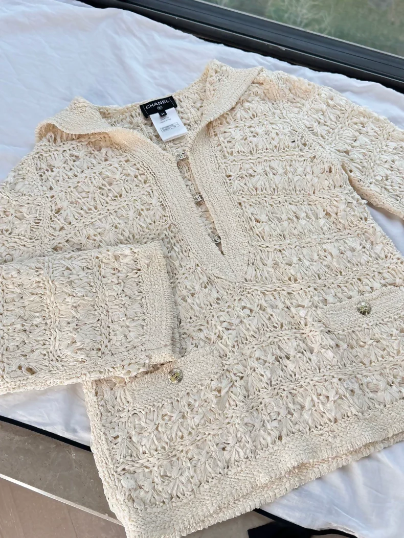 Chanel 24S Beige Knit Navy Collar Top