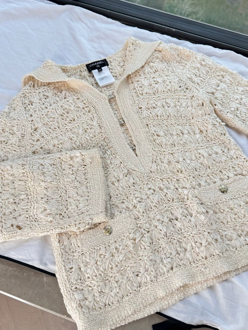 Chanel 24S Beige Knit Navy Collar Top