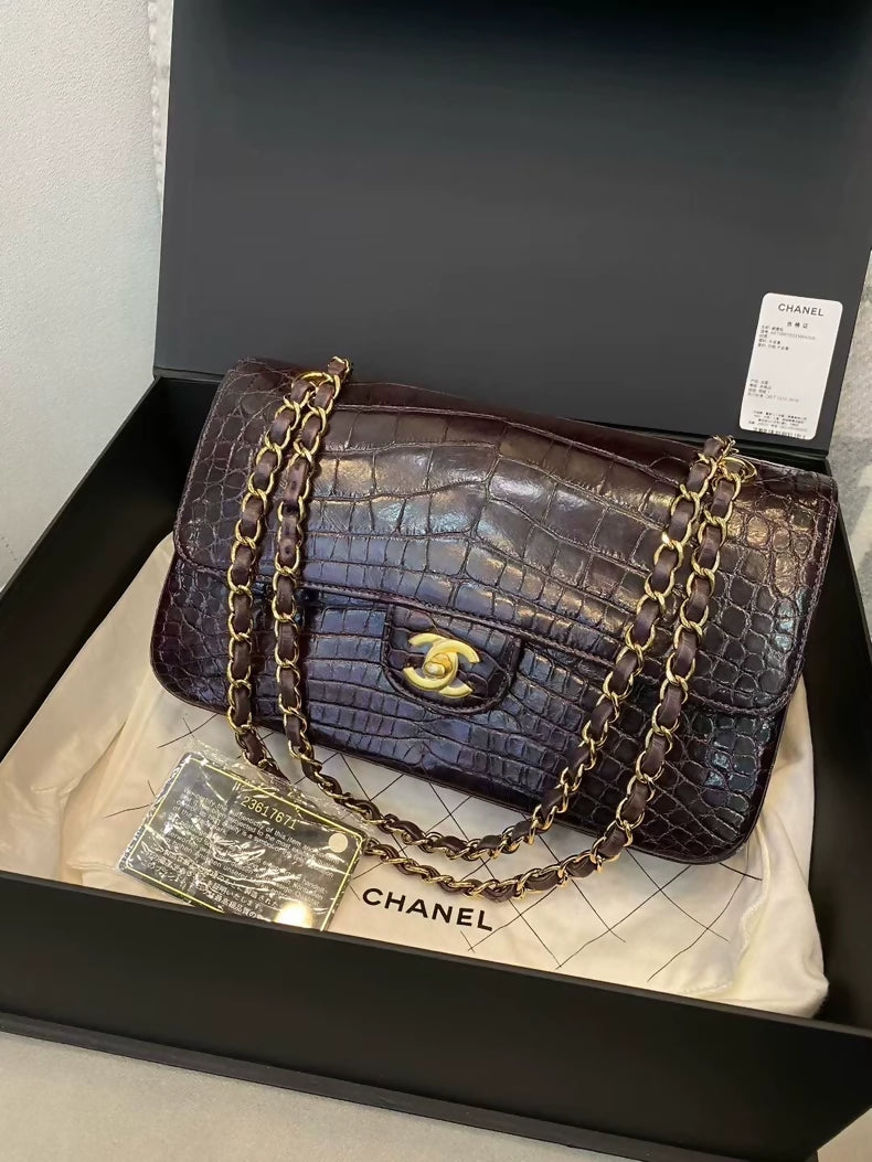 Chanel purplish-brown shiny Alligator leather with gold hardware CF medium size flap bag